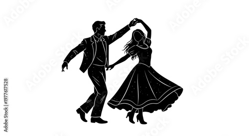 Black silhouette couple dancing, ballroom dance vector, romantic waltz illustration, elegant pair