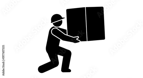 Black silhouette worker, laborer, delivery man, carrying box, moving icon