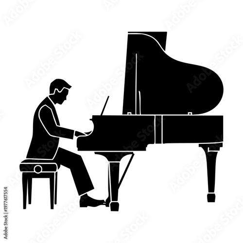 Pianist at Grand Piano Silhouette, Minimal Black and White Monochrome Full Body Music Illustration