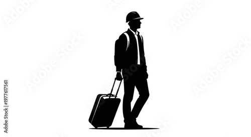 Businessman walking with luggage, traveler silhouette, suitcase icon, travel vector