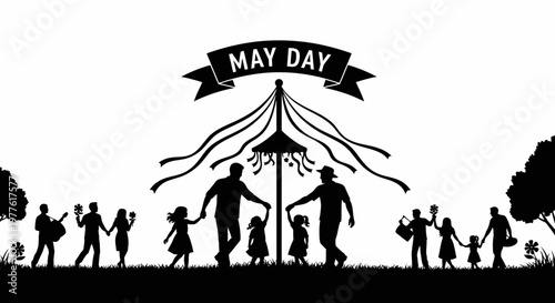May Day, traditional ribbon dance, black silhouette illustration, festive celebration, ribbon maypole