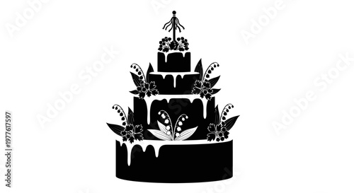Black silhouette wedding cake, cake with flowers, tiered cake, vector illustration, monochrome design element
