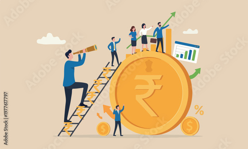 investment meeting teams together forecast or business profit concept, smart businessman leader climb up ladder on Indian rupee money coin with telescope look for vision