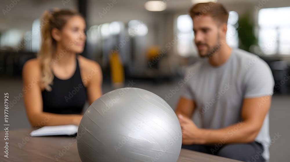 Obraz premium A metallic exercise ball sits prominently foregrounded by two professionals engaged in an insightful discussion in a modern collaborative setting