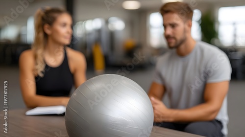 A metallic exercise ball sits prominently foregrounded by two professionals engaged in an insightful discussion in a modern collaborative setting