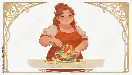 Charming plump woman joyfully preparing a salad in a whimsical illustration