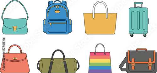 Colorful bag and luggage set featuring backpack suitcase briefcase handbag and shopping tote