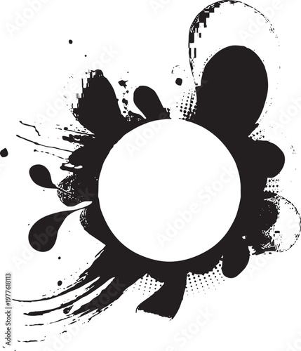 Abstract ink splash design with a circular space on transparent background silhouette