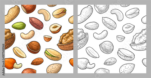 Seamless pattern with whole and half nut seed hazelnut, peanut, almond, cashew, pistachio, walnut. Vintage monochrome and color vector engraving illustration isolated on white.