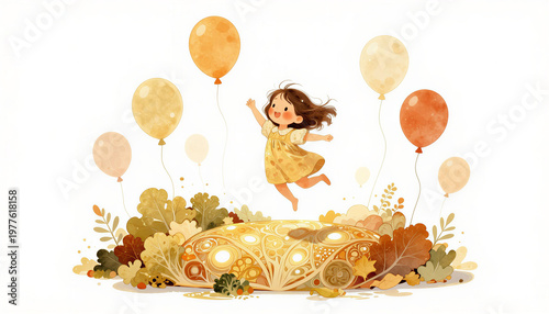Charming girl jumping on a cushion with balloons in a whimsical landscape