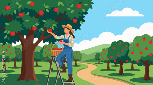 A cheerful woman gathers ripe apples from a tree in a picturesque orchard, showcasing her vibrant surroundings and love for nature and farming.