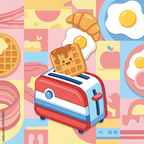 This whimsical illustration features a playful toaster alongside cheerful breakfast items, representing joy and comfort, evoking a sense of warmth and nostalgia in an everyday kitchen setting.