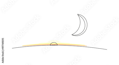 Minimalist sunrise and crescent moon over horizon, abstract line art, dawn concept