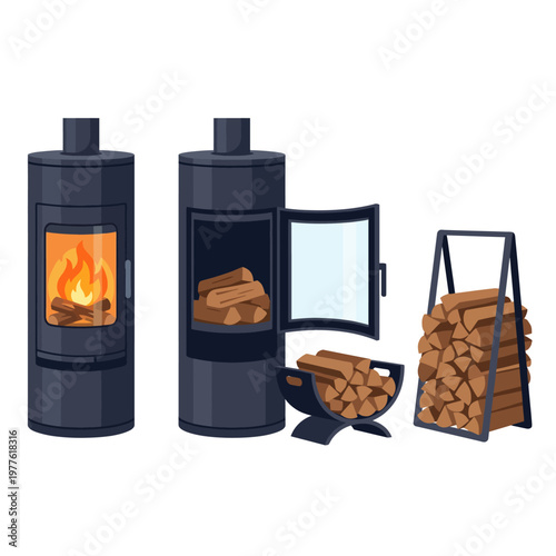 This image displays a modern wood stove alongside logs, signifying warmth, comfort, and an eco-friendly home heating solution for contemporary living spaces.