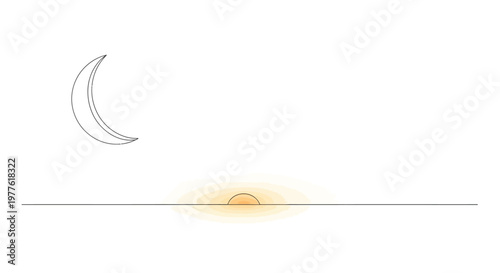 Minimalist crescent moon and sunrise sketch on white background
