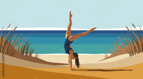 A skilled athlete showcases impressive agility and strength while performing a handstand on a sandy beach, reflecting freedom and joy found in active lifestyles by the ocean.