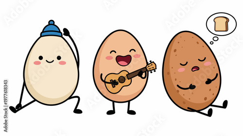 This vibrant image features three cartoon eggs showcasing different personalities, with one playing a guitar, another dancing, and the last deep in thought about bread.