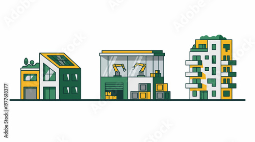 This image showcases a trio of modern, eco-friendly buildings, emphasizing sustainable design with characteristics like solar panels and greenery enhancing urban living.