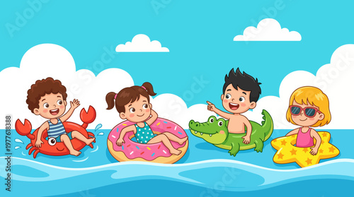 A cheerful scene of children playing on inflatable pool toys brings joy and laughter, highlighting the carefree spirit of childhood during warm summer days at the water.