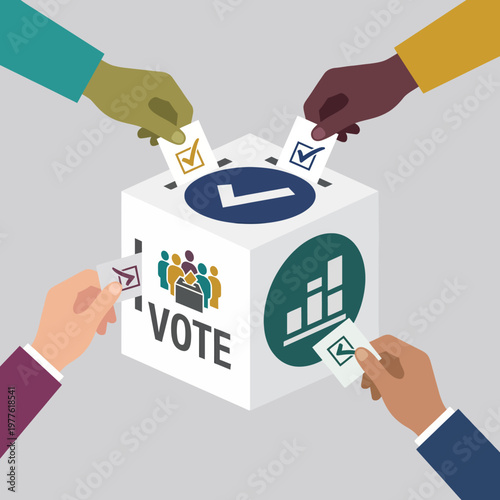 This image portrays diverse hands casting votes into a ballot box, symbolizing the democratic process and the importance of civic engagement in elections for all communities.
