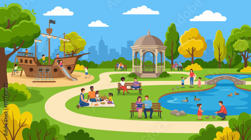 This vibrant park scene depicts families enjoying diverse activities like picnics, playing, and feeding ducks, emphasizing enjoyment and connection with nature and loved ones.