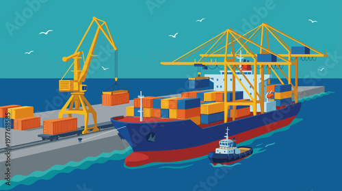 This image shows large shipping containers stacked at a port terminal being loaded onto a vessel, illustrating global trade, logistics, and the shipping industry in action.