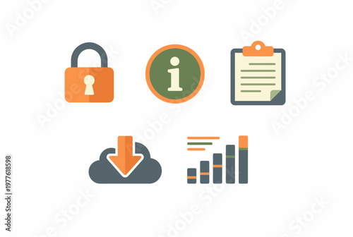 This collection of icons visually represents themes of information security and data management, emphasizing tools for protection, analysis, and data integrity in an organized way.