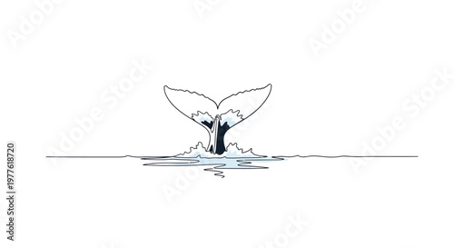 Whale tail splashing water, diving deep into ocean, marine life, minimalist illustration