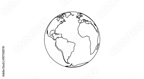 Simple Outline Globe Earth Drawing, World Map Illustration, White Background