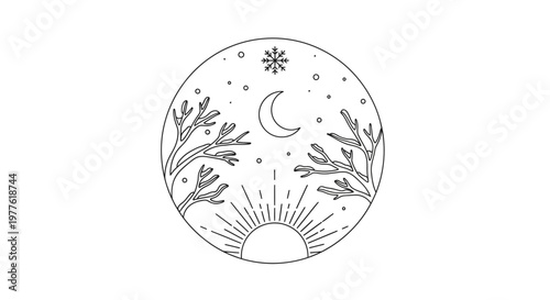 Winter Solstice Circle Icon: Sun, Moon, Snowflake, Branches, Stars