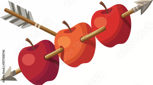 Three vibrant apples are humorously pierced by arrows, creating a whimsical yet striking visual that blends playful elements with a nod to the iconic tale of William Tell.