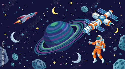 An exciting space adventure showing an astronaut working near a vibrant multi-colored planet, spacecraft, and asteroids, embodying humanity's quest for exploration and discovery.