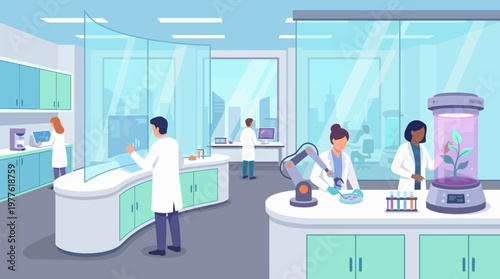 In this contemporary laboratory, scientists are engaged in various research activities, highlighting innovation and collaboration in a dynamic environment for scientific advancement.