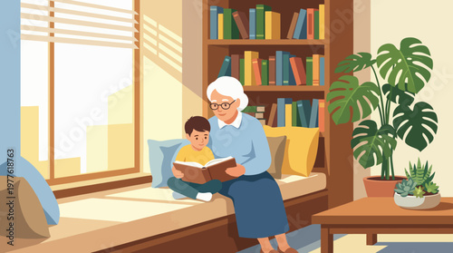 In a serene and warm environment, a grandmother reads a storybook to her delighted grandson, illustrating the deep bonds of family love and the joy of sharing stories across generations.
