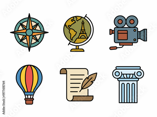 A collection of various adventure and travel symbols creatively displayed, representing exploration, culture, and storytelling in a colorful and artistic way relevant to wanderlust enthusiasts.