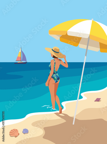 A charming beach scene illustration featuring a woman in a swimsuit by the shore, capturing the essence of summer, relaxation, and the beauty of seaside life.