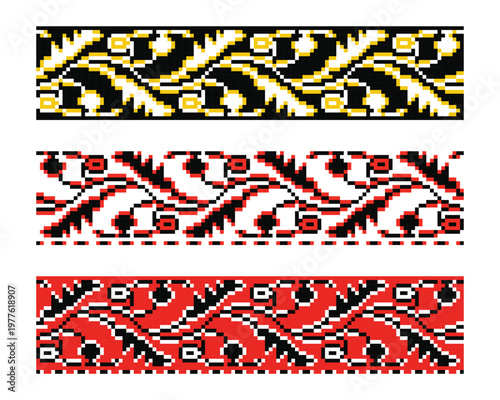 Vector pixel botanical wavy vine ornament from Ukrainian Lviv embroidery in three color variants. Interlocking vine with leaves and berries, versatile folk nature symbols for ethnic design