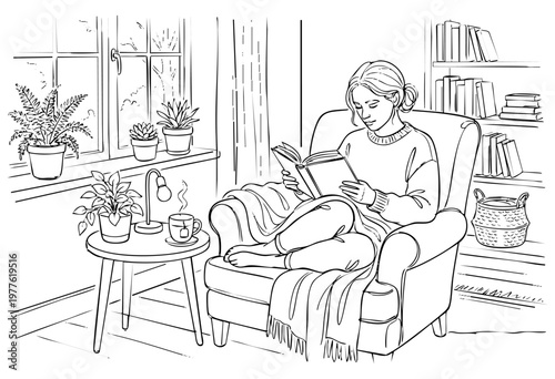 Woman Relaxing and Reading Book at Home line drawing Illustration Concept
