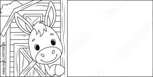 Cute baby donkey in a barn coloring page for kids with copy space