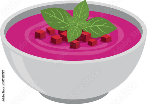 A vibrant pink beetroot soup in a white bowl on transparent background