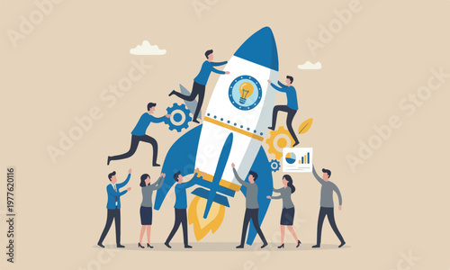 Build startup company to develop business innovation idea, teamwork and support concept, creative businessman and woman coworker support each other help building rocket