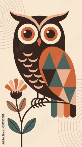 Stylized owl with geometric wing pattern perched on a flower stem