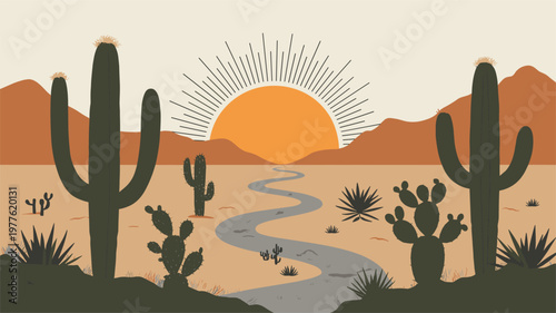 Stylized desert landscape with saguaro cacti and a winding river under a radiant sun