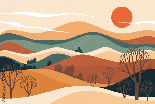 Stylized rolling hills landscape with bare trees and a large orange sun