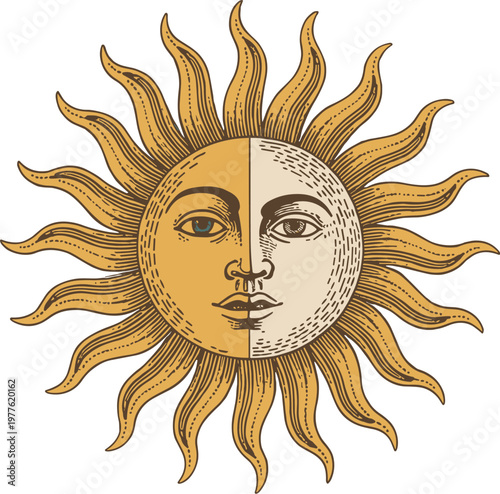 Vintage sun face with two distinct halves one golden yellow the other pale cream with detailed rays and a human-like face