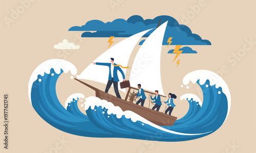 Courage industrial taker concept, businessman captain point finger to lead team sailing boat to survive big wave storm