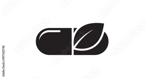 Black capsule pill with leaf, botanical medicine icon, health supplement symbol, wellness logo