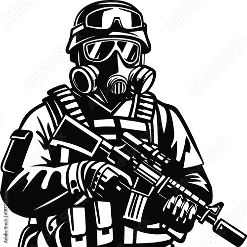Heavily armed soldier in full combat gear with a protective gas mask and weapon ready