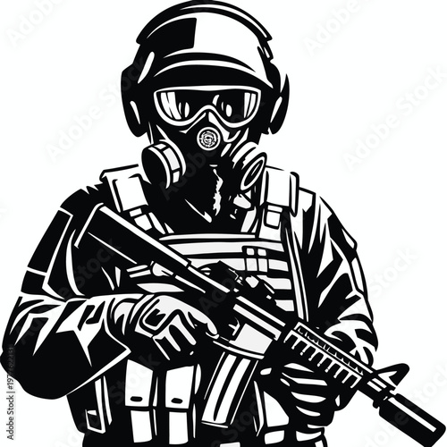 Professional soldier wearing a gas mask and helmet holding an assault rifle in tactical gear
