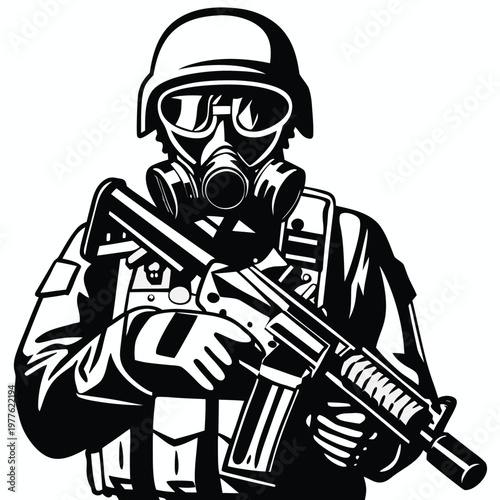 Stylized illustration of a combat soldier in a gas mask and helmet gripping a modern firearm